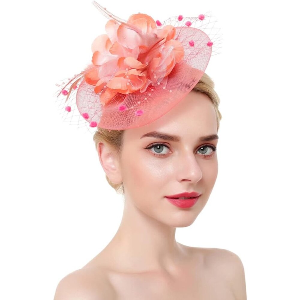 Fascinators Hat for Women 50s Flower Hat with Veil Cocktail Wedding Tea Party Ch